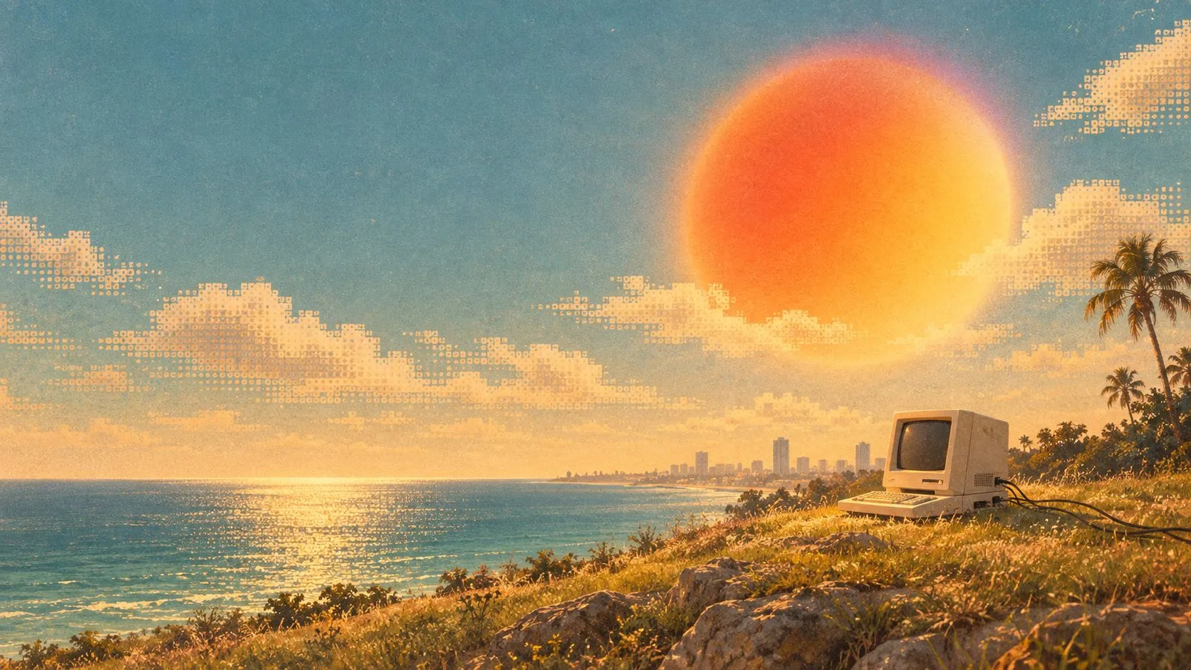 Pintura de una computadora antigua sobre una loma frente al mar, con el skyline de Miami y un gran sol naranja.